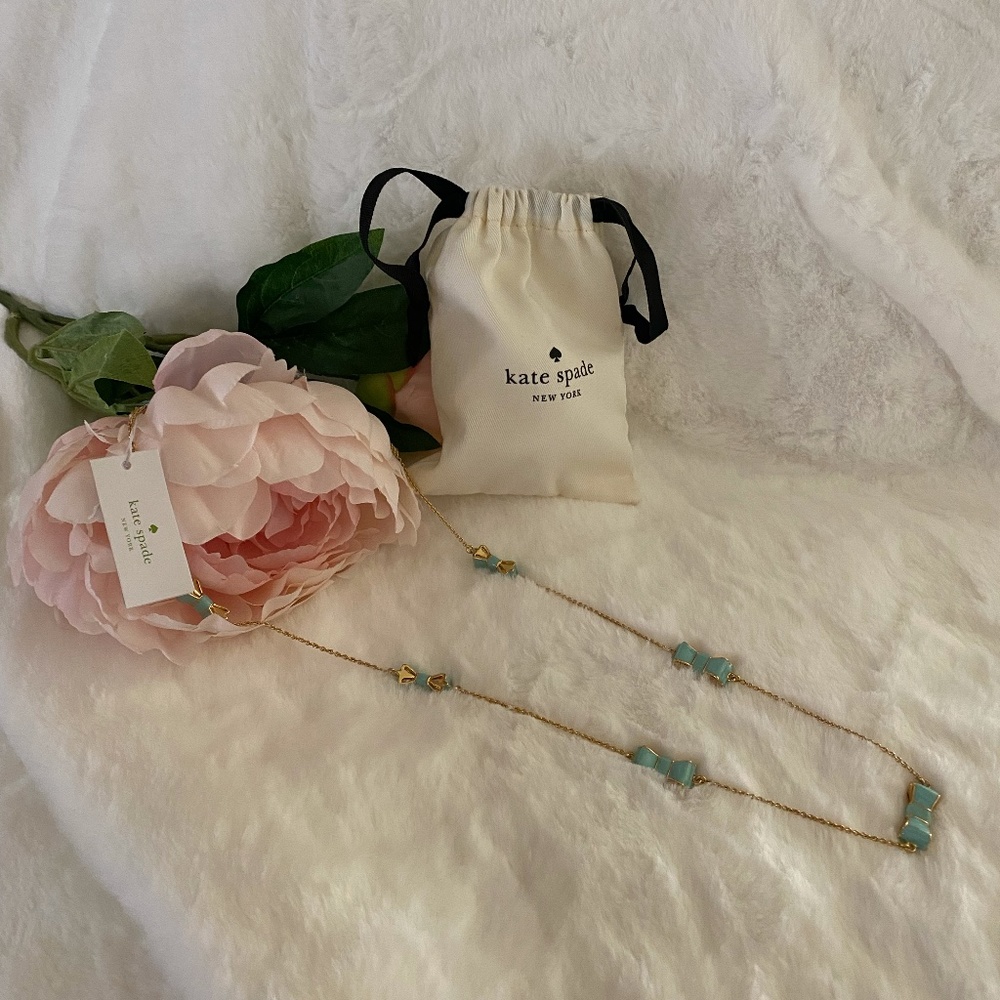 Kate Spade Take A Bow Turquoise Inlaid Enamel Long  Scatter Necklace 32"